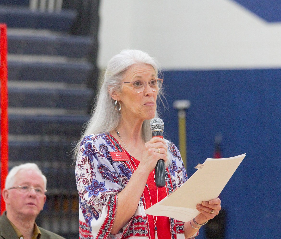 Jane Sauter, candidate for Representative seat 1A, speaks at the PWR candidate forum on April 18.