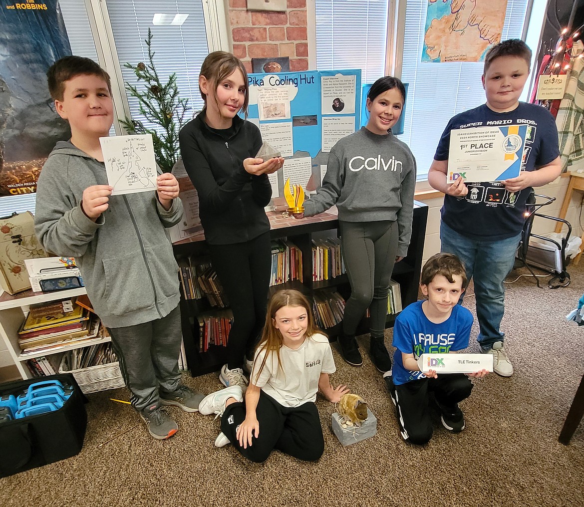 Twin Lakes Elementary students placed first at the Idaho Exhibition of Ideas held in Potlatch in March. From left, standing: Logan George, Iyla Short, Camille Porter and Sebastian Kelley. Kneeling in front, from left: Bailee Sibert and Oliver Schuit.