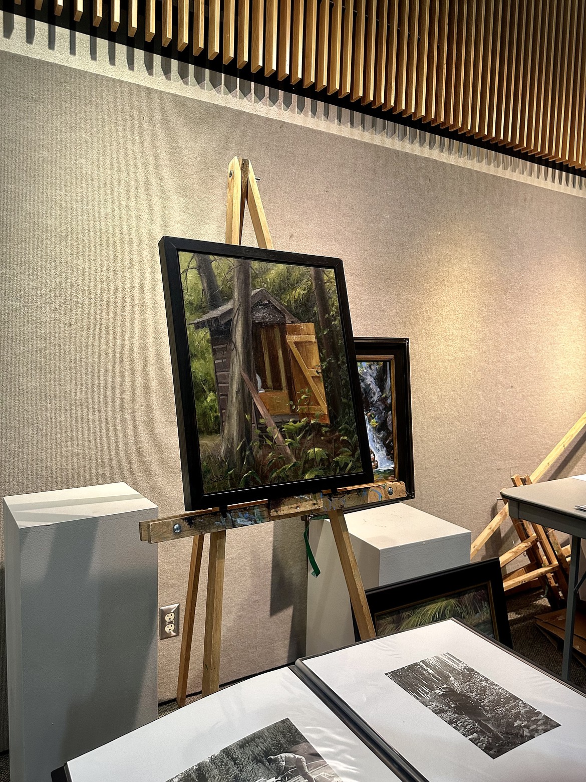 Richie Carter's painting of the outhouse at Granite Cabin. (Kate Heston/Daily Inter Lake)