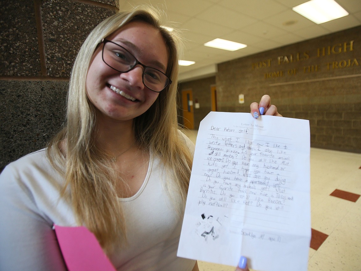 Brooklyn Mendonca, a Post Falls High senior, shows the letter she wrote her future self when she was in Greensferry Elementary School's first fifth grade class. “I feel like I should have given myself more advice instead of just asking questions,” she said. “Advice would have been a lot better, but it still made me laugh. It made my day.”