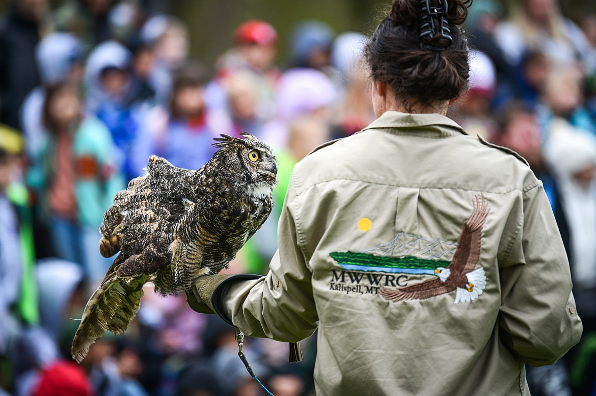 Leslie Mathern with Montana Wild Wings Recovery Center holds a great horned owl  during a demonstration at the Arbor Day celebration at Lawrence Park on Friday, April 26. (Casey Kreider/Daily Inter Lake)