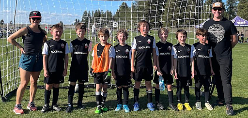 The Sandpoint Strikers 2016B team poses for a photo after their first league game this season. From left, coach Rebecca Benoit, Bronson Blanford, Toby Grant, Elijah Beuskins, Dominic Rink, Walter Smith, Asher Archibald, Broc Benoit, Zion Ribeiro, and coach Chris Blanford.