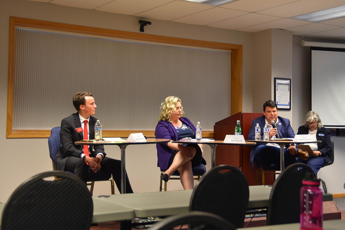 From left to right, Lukas Schubert, Beth Sibert and Tony Brockman participate in a candidate forum for House District 8, encompassing Evergreen and North Kalispell. (Kate Heston/Daily Inter Lake)