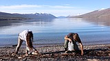 Park staff and volunteers work to pick up polystyrene foam along Lake McDonald’s shores