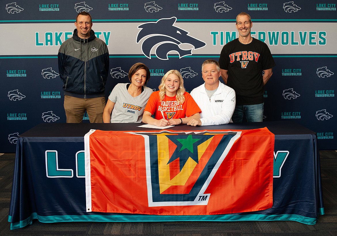 Courtesy photo
Lake City High senior Sophia Zufelt recently signed a letter of intent to play basketball at the University of Texas Rio Grande Valley in Edinburg, Texas. Seated from left are Kelli Zufelt (mother), Sophia Zufelt and Terry Zufelt (father); and standing from left, Troy Anderson, Lake City High athletic director; and David Pratt, Lake City High head girls basketball coach.