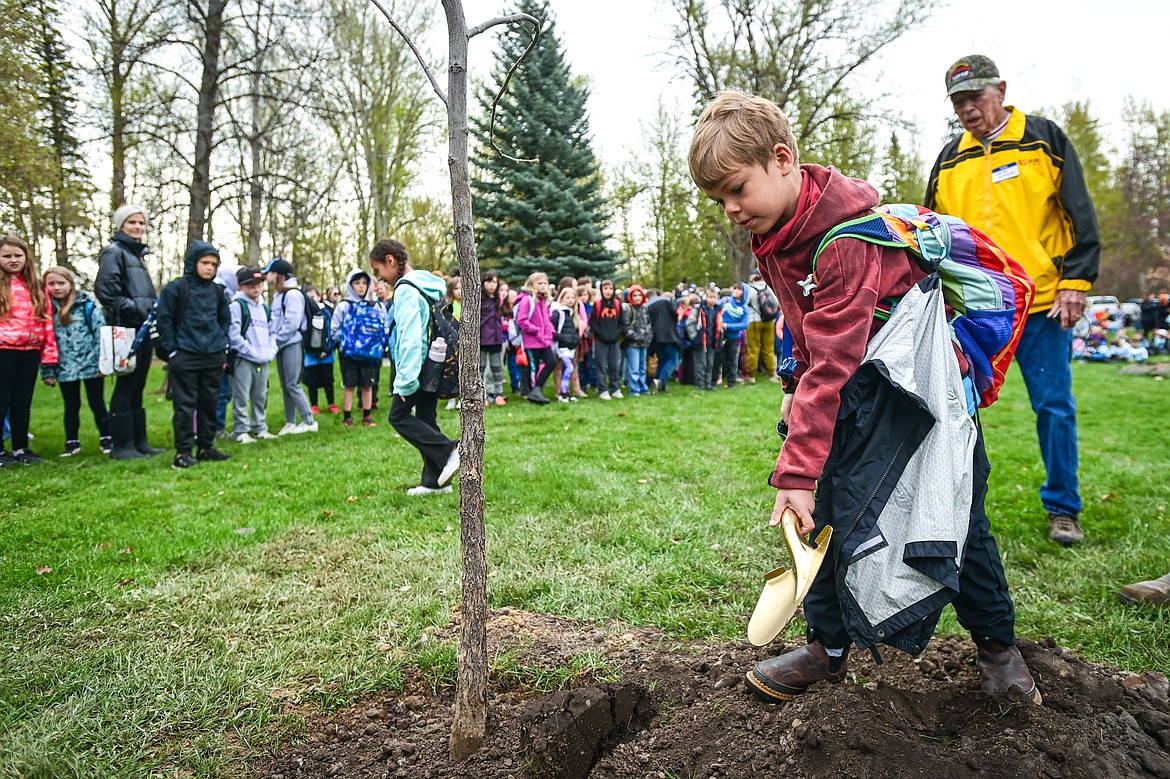 Third-grade students help plant a black walnut tree the children voted to name "Brook" at the Arbor Day celebration at Lawrence Park on Friday, April 26. (Casey Kreider/Daily Inter Lake)