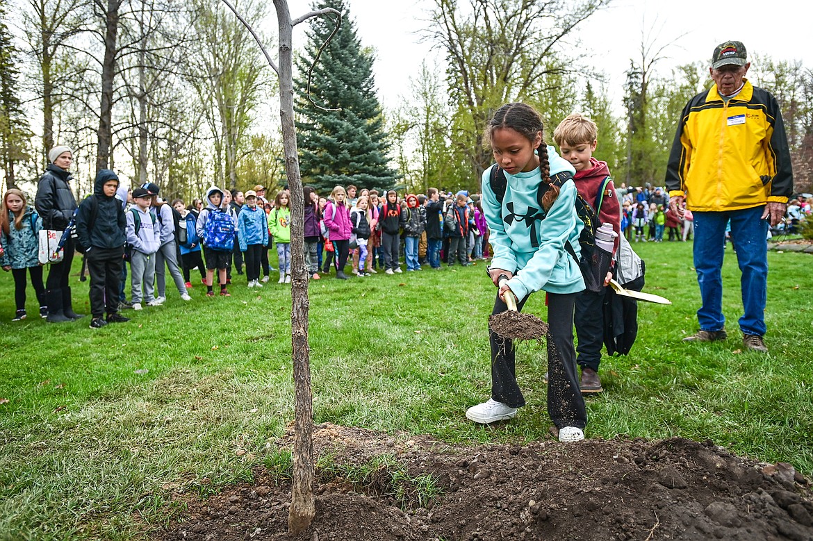 Third-grade students help plant a black walnut tree the children voted to name "Brook" at the Arbor Day celebration at Lawrence Park on Friday, April 26. (Casey Kreider/Daily Inter Lake)
