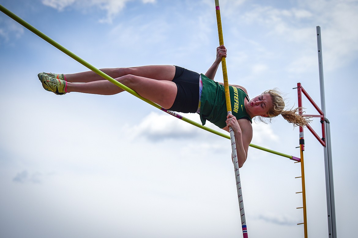 Whitefish's Norah Schmidt competes in the pole vault at the Whitefish ARM Invitational on Saturday, April 27. (Casey Kreider/Daily Inter Lake)