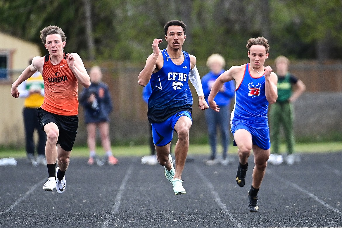 Columbia Falls' Malaki Simpson placed first in the boys 100 meter run at the Whitefish ARM Invitational on Saturday, April 27. (Casey Kreider/Daily Inter Lake)