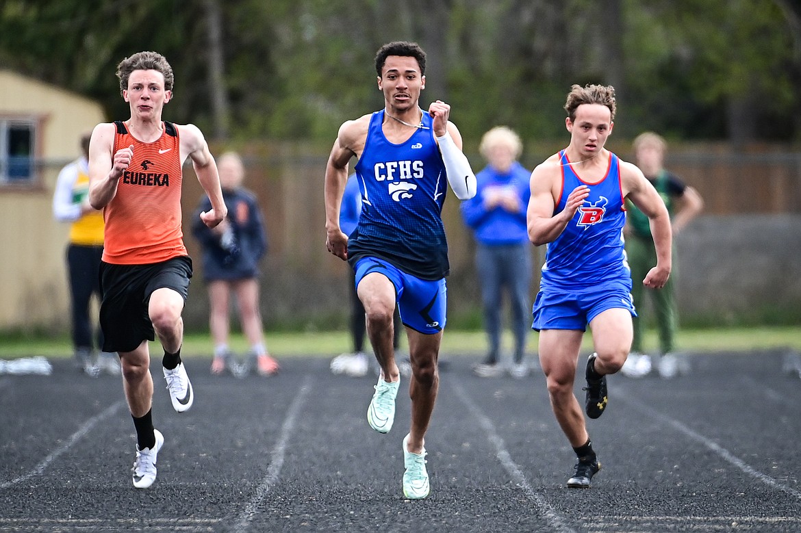 Columbia Falls' Malaki Simpson placed first in the boys 100 meter run at the Whitefish ARM Invitational on Saturday, April 27. (Casey Kreider/Daily Inter Lake)