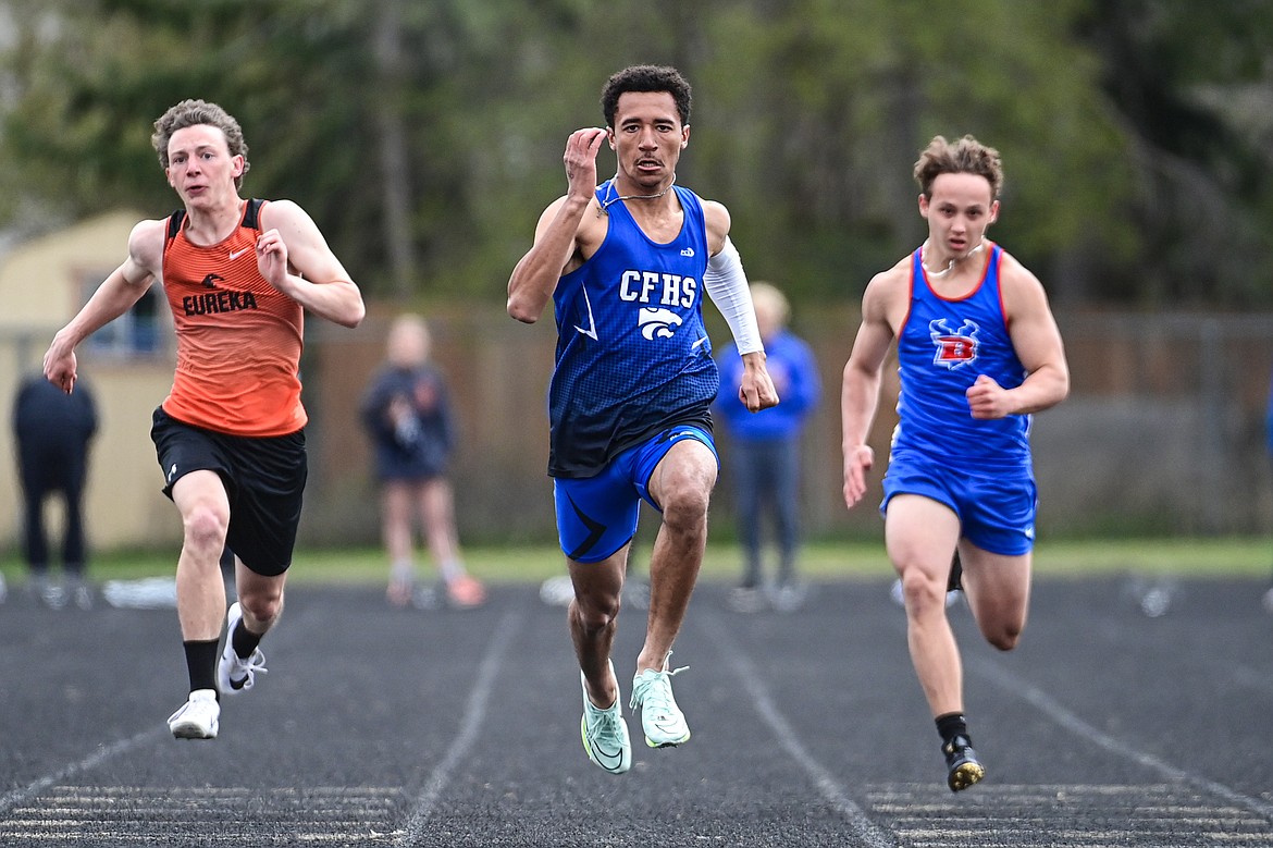 Columbia Falls' Malaki Simpson placed first in the boys 100 meter run at the Whitefish ARM Invitational on Saturday, April 27. (Casey Kreider/Daily Inter Lake)