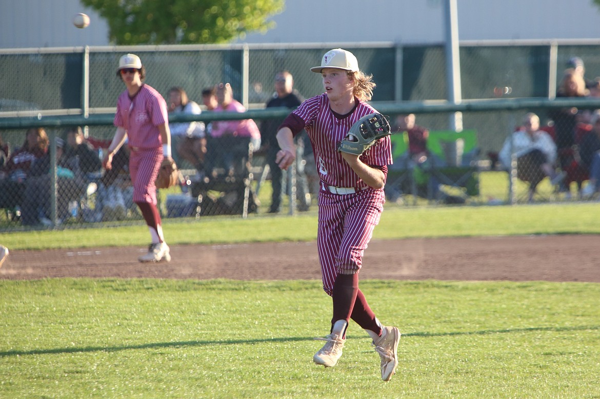 Moses Lake senior Nolan Betz, right, tosses the ball back to first base for an out against Wenatchee.