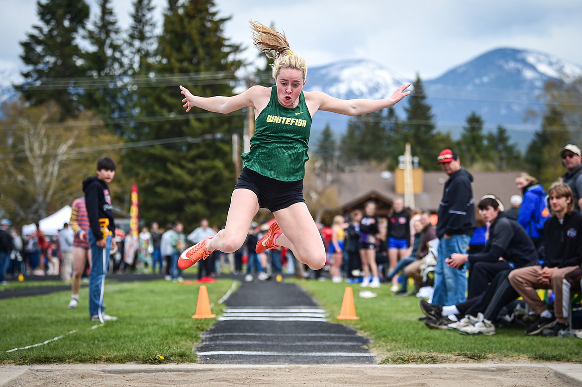 Whitefish's Norah Schmidt placed first in the girls triple jump at the Whitefish ARM Invitational on Saturday, April 27. (Casey Kreider/Daily Inter Lake)