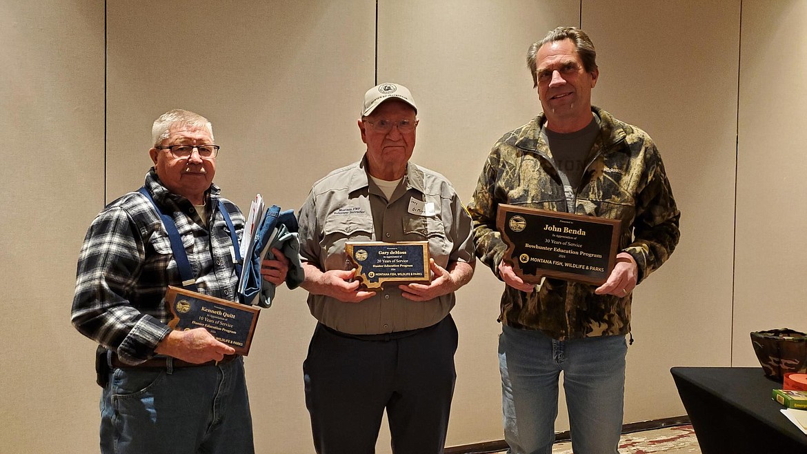 From left, Ken Quitt, Gary DeMoss and John Benda are 3 of over 100 volunteer instructors with Montana FWP. Quitt has 10 years as both a bow and hunter education instructor. DeMoss resides in Washington but travels to Mineral County every year to help teach hunter education. Benda teaches the bow education and with 30 years of service he is the county lead instructor and organizer. The three were recognized at a workshop and awards luncheon held in Missoula. Mineral County had a strong showing of volunteerism with this program. (Photo by Debra Regan)