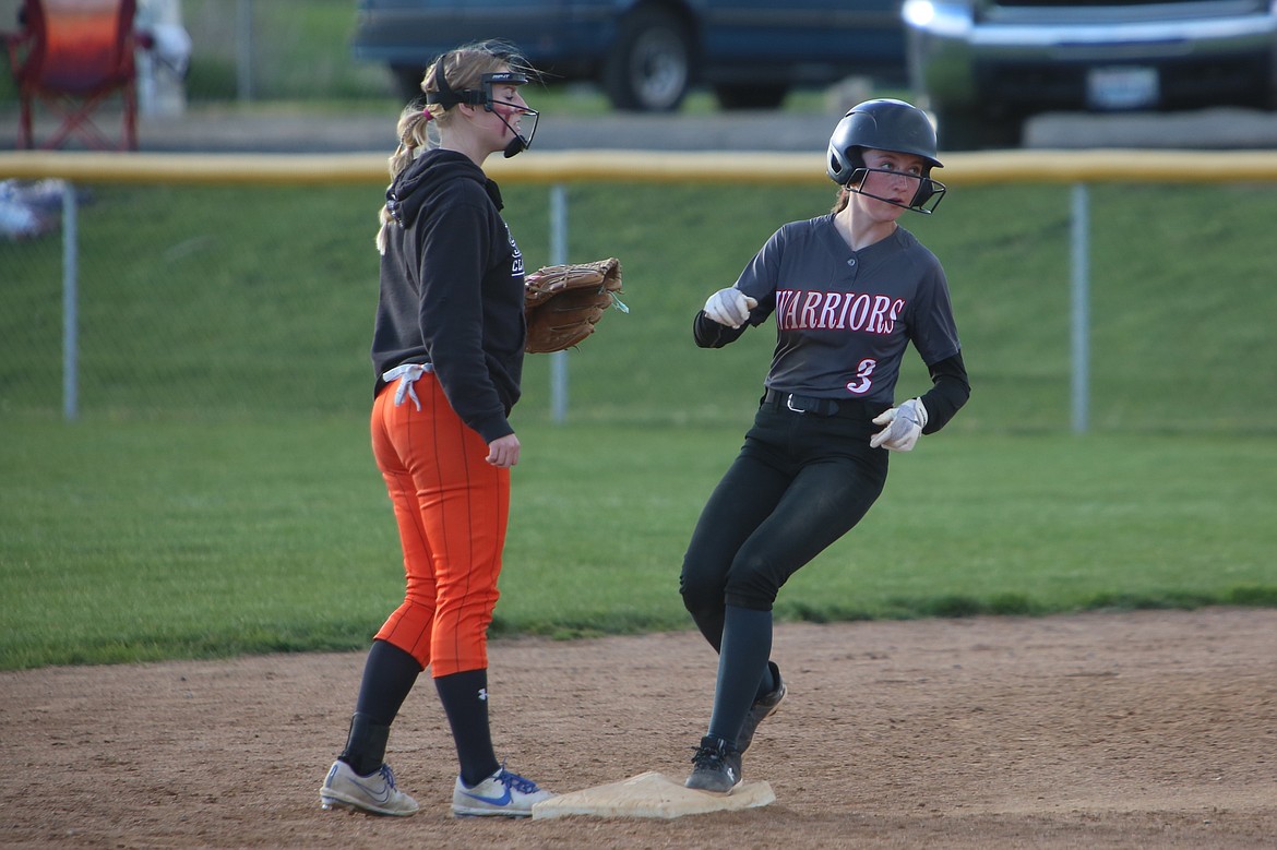 Almira/Coulee-Hartline junior Emma Whitaker (3) looks back to the Warrior dugout after reaching second base against Republic on Saturday.