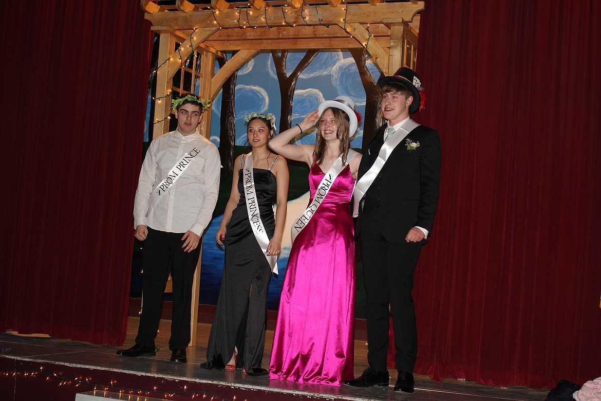 From left, Alberton 2024 Prom Royalty Ethan McDonald, prince; Anna Dao, princess; Brogan Hatcher, king; and Lacey Zimmerman, queen. The Royalty was decided by the students moments before the prom began. (Monte Turner/Mineral Independent)