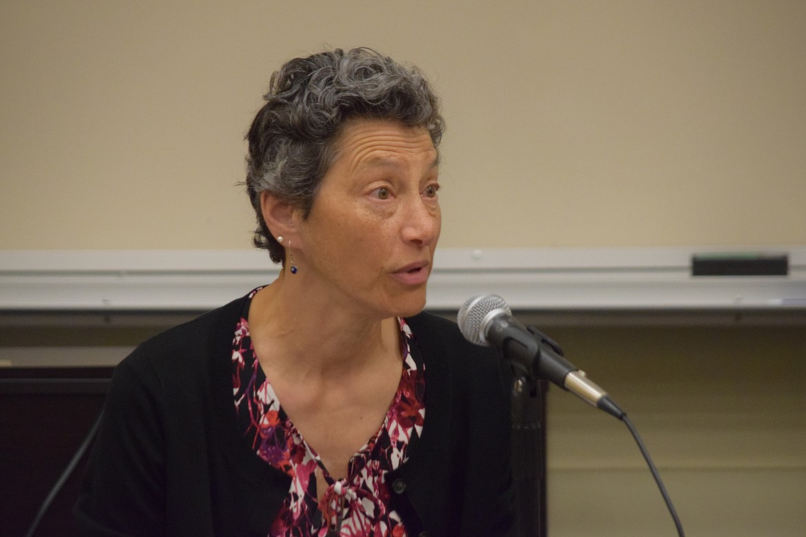 NW Energy Coalition Executive Director Nancy Hirsch, who also serves on the board of Renewable Northwest and the Centralia Coal Transition Board and as well as the advisory committee for the Institute for Energy Studies at Western Washington University, speaks during Thursday’s debate at Pasco’s Columbia Basin College.