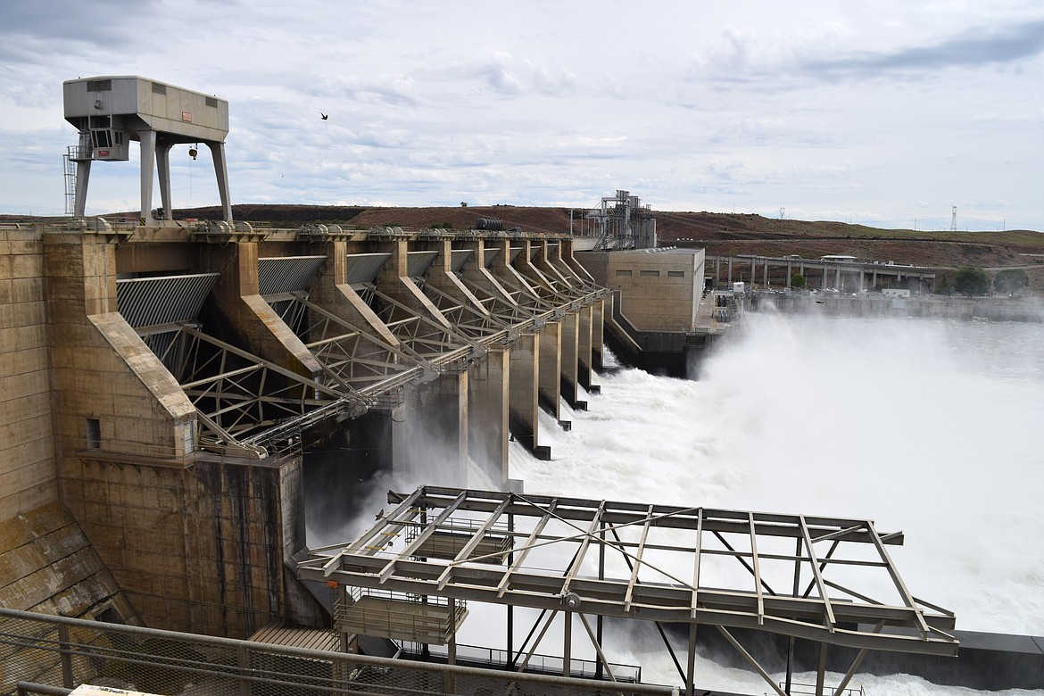 Spillway at Ice Harbor Dam, one of the Lower Snake River dams, with the six-unit powerhouse in the background. The dam is one of four being considered for removal on a state and federal level.