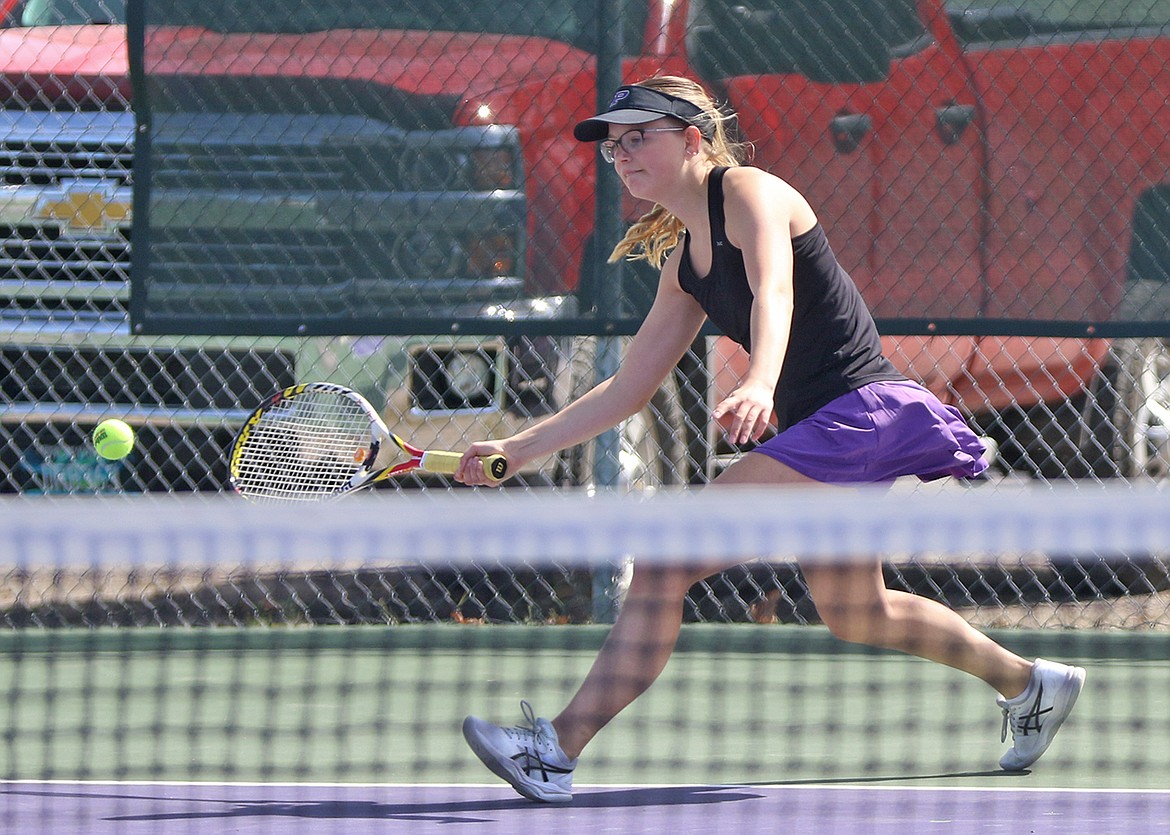 Lady Pirate Lauren Collinge lost her singles battle to Whitefish last Tuesday, but picked up a win Thursday against Columbia Falls. (Bob Gunderson photo)