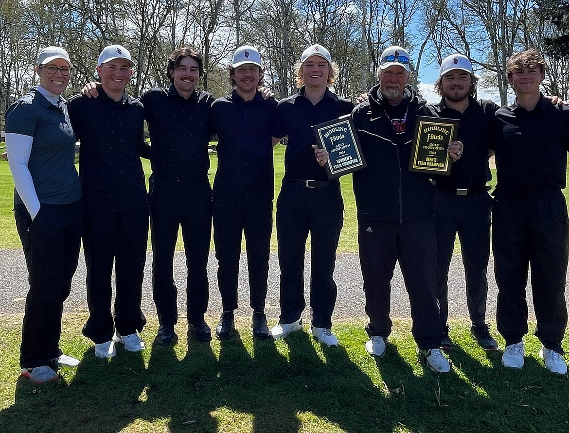 Courtesy photo
The North Idaho College men's golf team won a Northwest Athletic Conference tournament hosted by Highline Community College at Oakbrook Golf Course in Lakewood, Wash. From left are assistant coach Brittany Pounds, Dyson Lish, Josh McCartain, Jarett Giles, Ferdinand Le Grange, assistant coach Russ Grove, Charlie Terwilliger and Spence Matson.