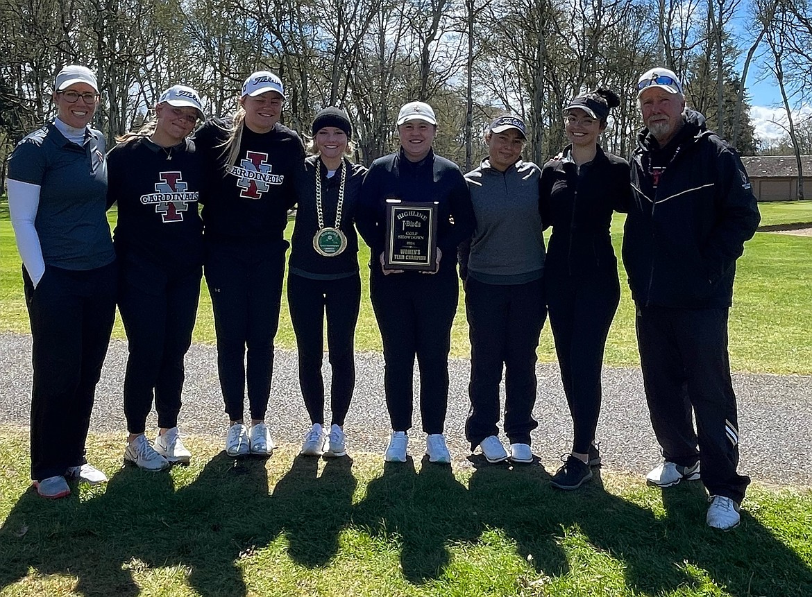 Courtesy photo
The North Idaho College women's golf team won a Northwest Athletic Conference tournament hosted by Highline Community College at Oakbrook Golf Course in Lakewood, Wash. From left are assistant coach Brittany Pounds, Megan Quinton, Ava Young, Rien Solodan, Sofia Lippiello, Laila Jalil, Lauryn Bulger and assistant coach Russ Grove.