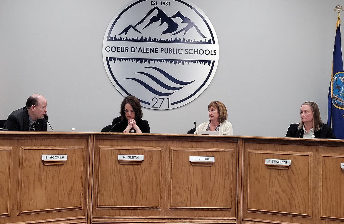 From left, Coeur d'Alene Superintendent Shon Hocker, Board Chair Rebecca Smith and Trustees Lesli Bjerke and Heather Tenbrink discuss the decision to close Borah Elementary School during Monday's special meeting. The board unanimously voted to move ahead with repurposing the school to help correct the district's projected $6 million budget shortfall for fiscal year 2025.