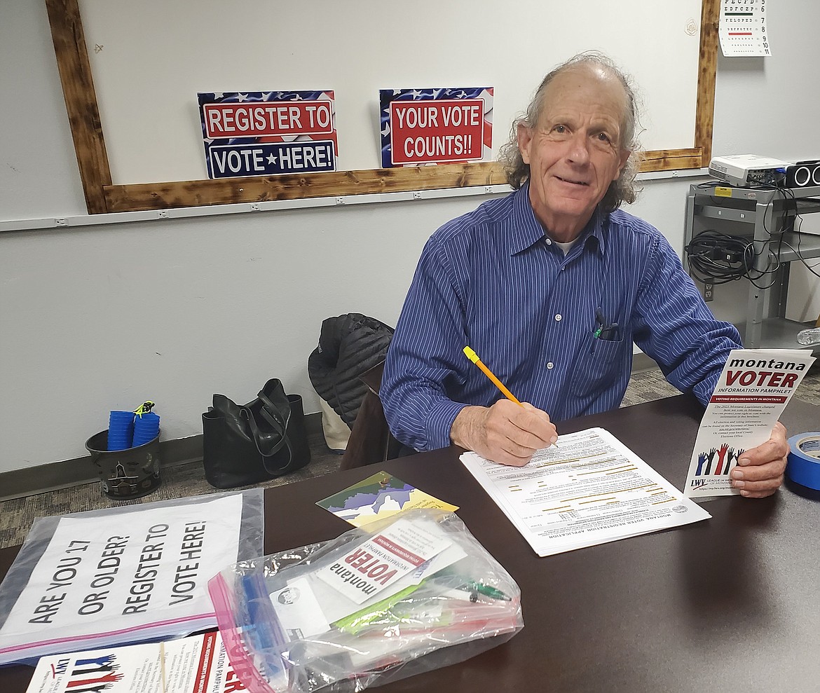 Dennis LaBonty offered instruction in voter registration to 23 students at Two Eagle River School in Pablo last Tuesday, April 23, with help from Suz Rittenhouse. In Montana, eligible voters must be at least 18 years old on or before Election Day. (Courtesy photo)