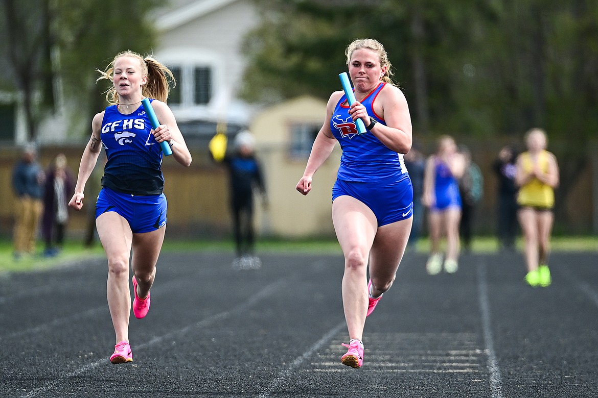 Bigfork's Afton Lambrecht runs the anchor leg of the girls 4x100 relay at the Whitefish ARM Invitational on Saturday, April 27. (Casey Kreider/Daily Inter Lake)