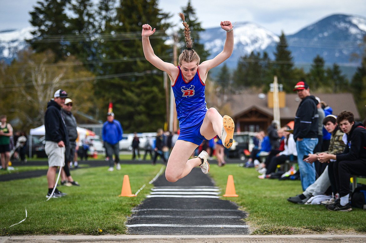 Bigfork's Peyton Benson competes in the triple jump at the Whitefish ARM Invitational on Saturday, April 27. (Casey Kreider/Daily Inter Lake)