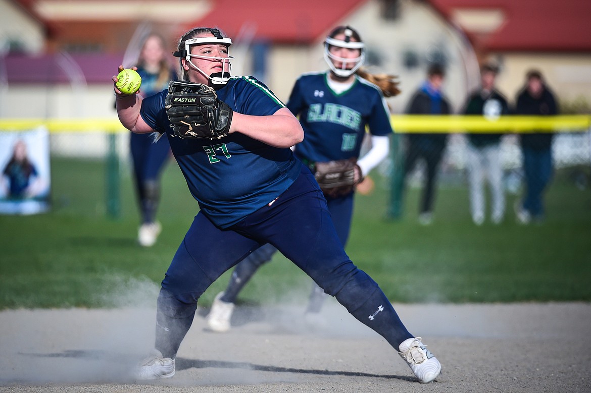 Glacier third baseman Paishance Haller (27) throws to first for an out against Missoula Big Sky at Glacier High School on Tuesday, April 30. (Casey Kreider/Daily Inter Lake)