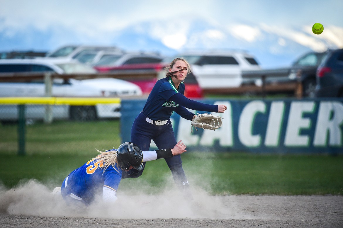 Glacier second baseman Kenadie Goudette (2) fires to first to complete a double play in the top of the seventh inning against Missoula Big Sky at Glacier High School on Tuesday, April 30. (Casey Kreider/Daily Inter Lake)