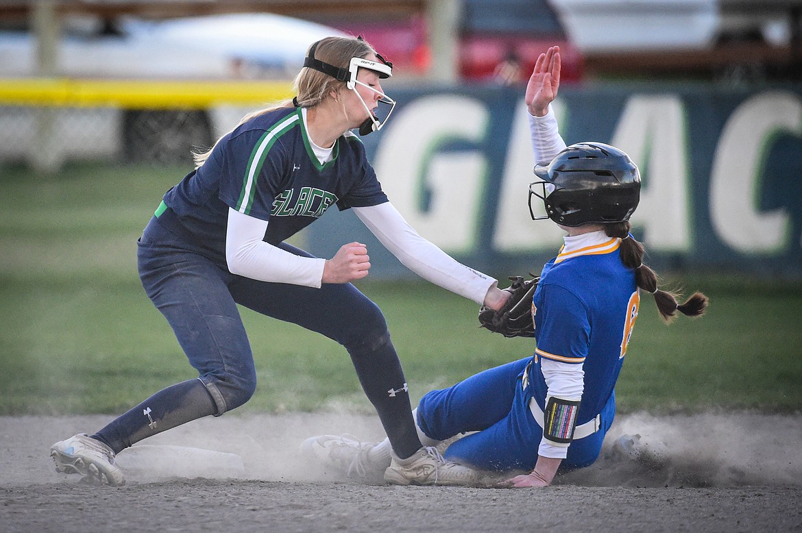 Glacier shortstop Olivia Warriner (10) tags out Missoula Big Sky's Sadie McGuinn (6) trying to steal second base in the top of the eighth inning at Glacier High School on Tuesday, April 30. (Casey Kreider/Daily Inter Lake)