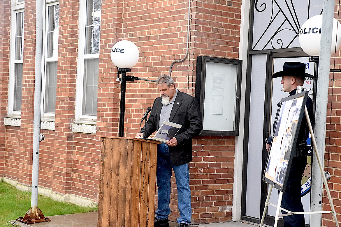 Brent Teske speaks at an April 28, 2024, ceremony at the Libby Police Department where a memorial was unveiled in the name of former Libby Chief of Police John Ferdinand Bockman. Bockman died in the line of duty on April 28, 1924, in Libby at the Great Northern Railway yard. Teske led the effort to recognize the fallen law man. (Scott Shindledecker/The Western News)