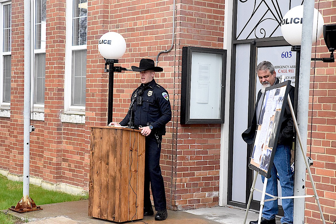 Current Libby Police Chief Cody Ercanbrack speaks at an April 28, 2024, ceremony at the Libby Police Department where a memorial was unveiled in the name of former Libby Chief of Police John Ferdinand Bockman. Bockman died in the line of duty on April 28, 1924, in Libby at the Great Northern Railway yard. (Scott Shindledecker/The Western News)