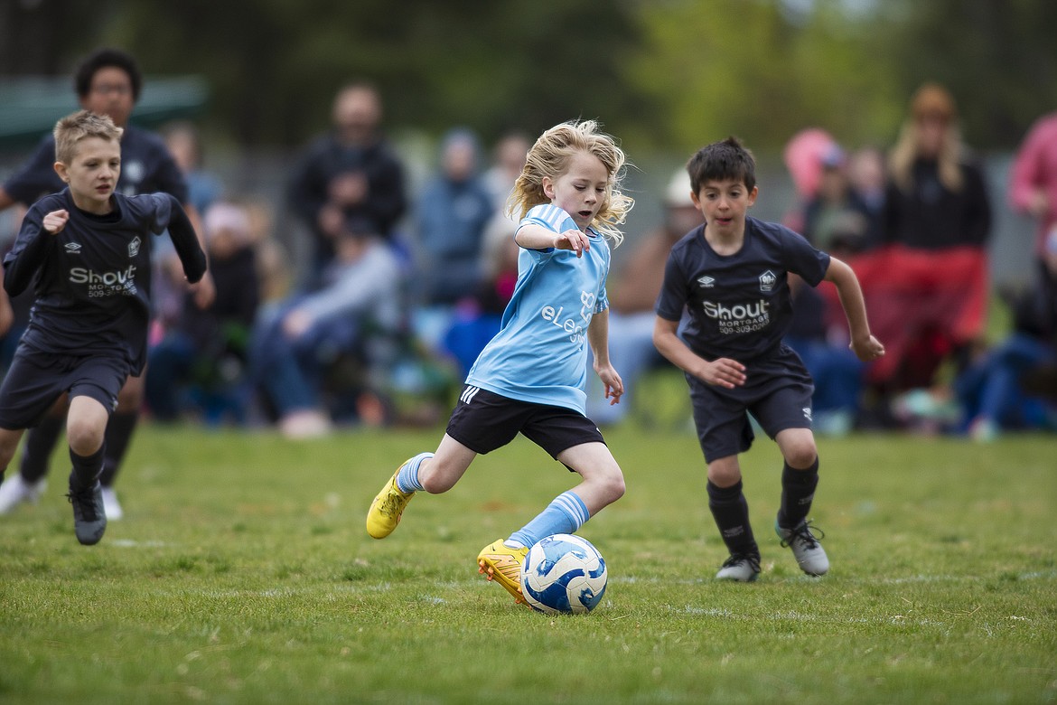 Photo by CHAD RILEY
Stein Berk creates space on the pitch en route to scoring a goal for the North Idaho Avalanche 9U boys in a 6-0 victory over the Spokane 90+ Blume on Sunday.