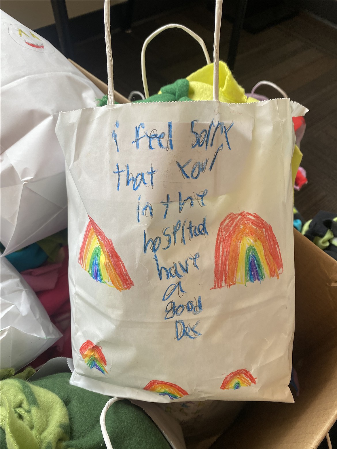 A personalized note is seen on one of many bags Growing the STEM participants used to deliver blankets and messages of kindness to kids hospitalized at Kootenai Health for their Blankets Building Benevolence project.