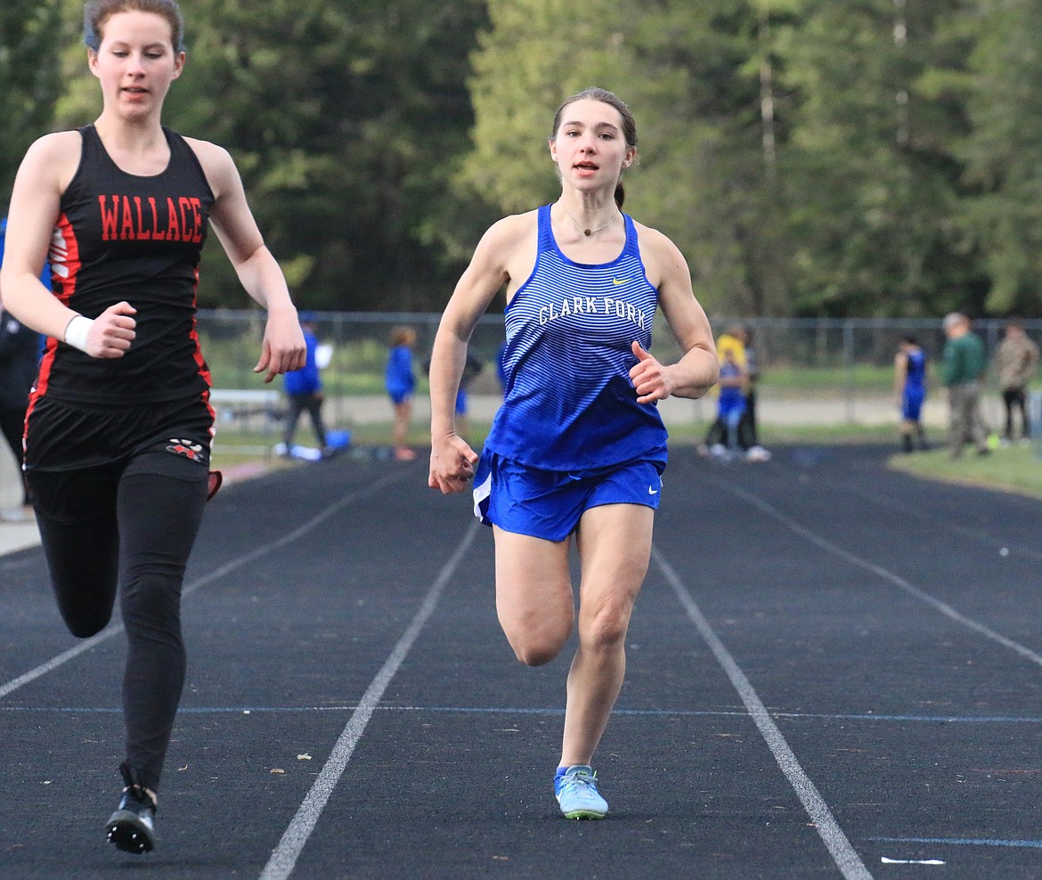 Clark Fork junior Hannah Thompson races towards the finish line during the 100-meter dash at the North Star League Meet on Tuesday.