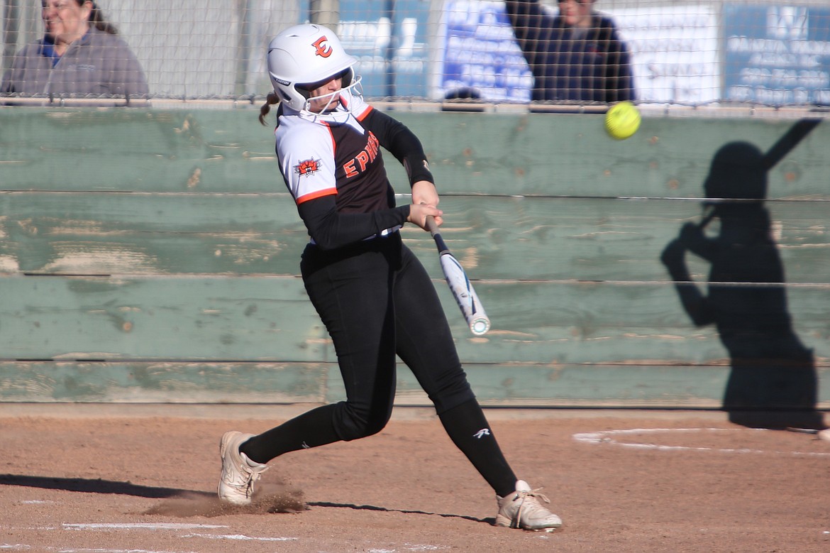 Ephrata senior Peyton Trautman makes contact with a pitch in the bottom of the third inning against Othello on Monday. Trautman gave the Tigers the lead with a two-RBI single in the bottom of the third inning in the nightcap of the doubleheader.