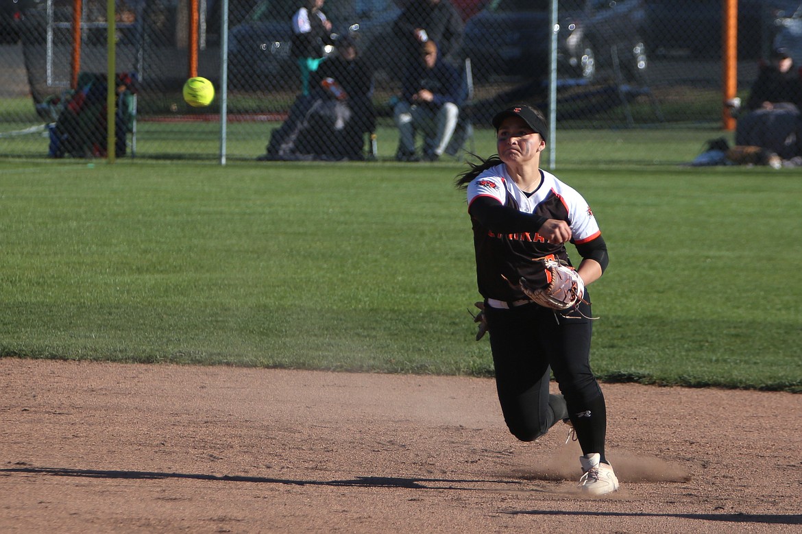 Ephrata junior Kaydence Hector picks up a ground ball and tosses it back to first base for an out against Othello on Tuesday.