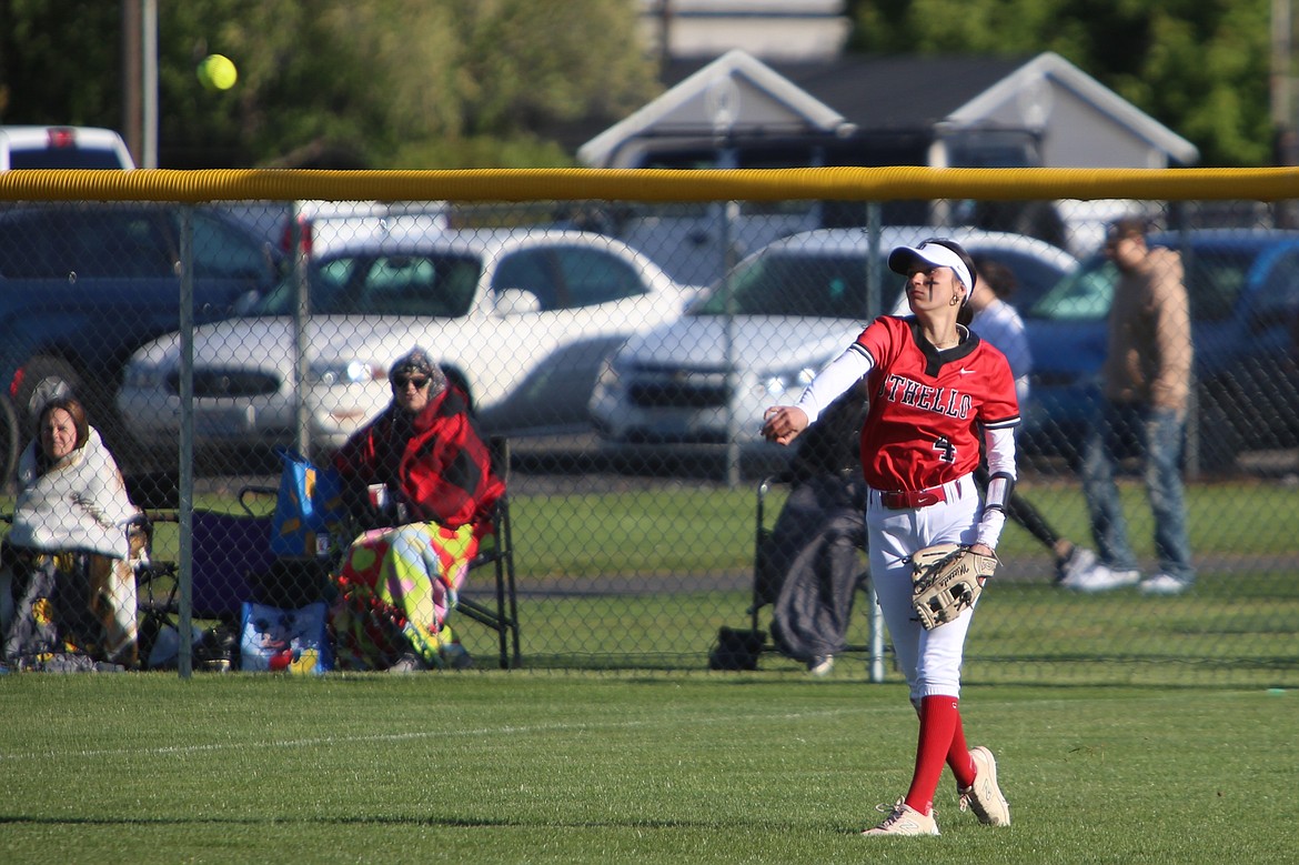 Othello senior Miccaela Valdez throws the ball back toward the infield in the nightcap of Monday’s doubleheader against Ephrata.