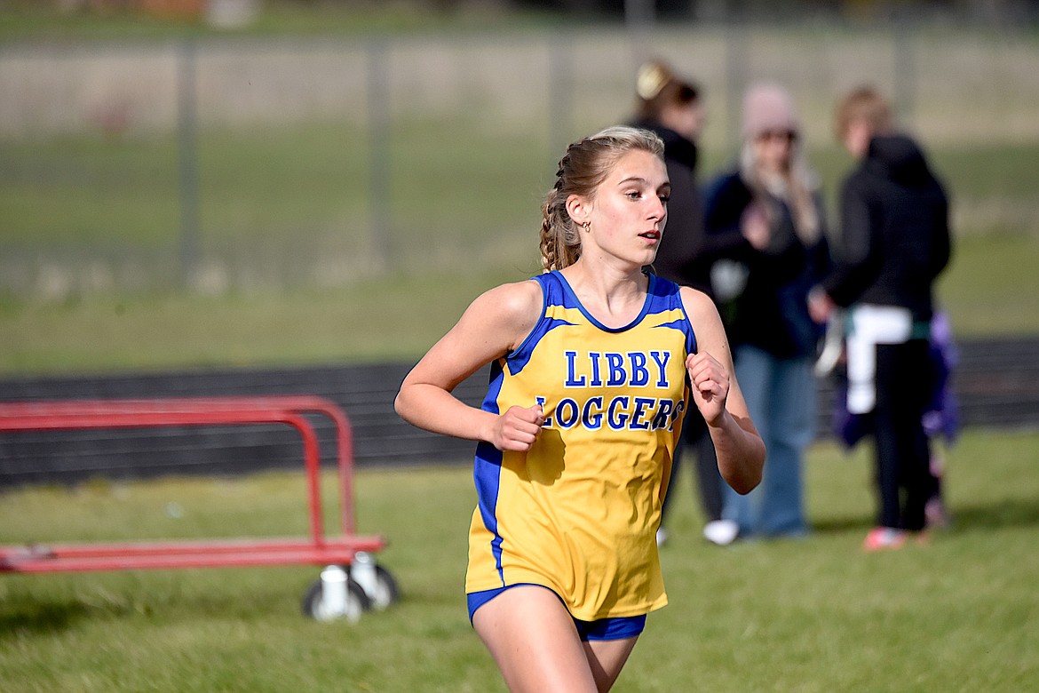 Libby's Capri Farmer competes in the 800-meter run at the Lincoln County Track and Field Meet Tuesday, April 30, 2024, in Eureka. (Scott Shindledecker/The Western News)