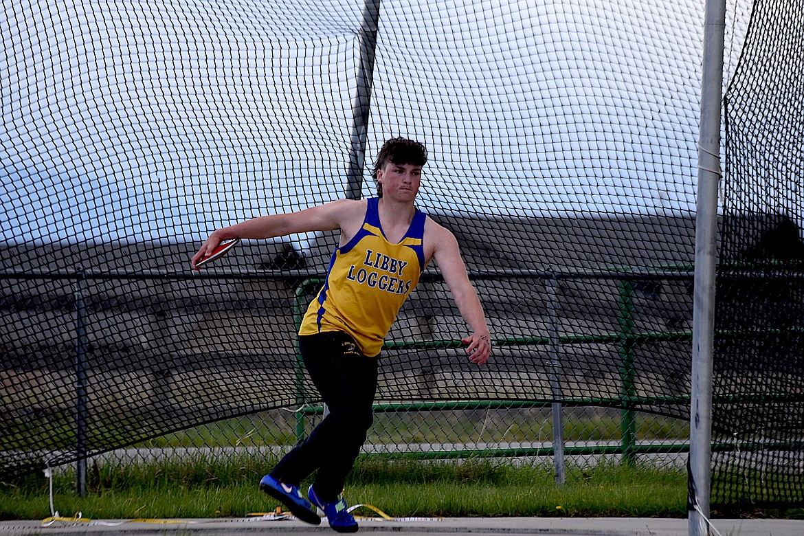 Libby's Trent Riddel competes in the discus at the Lincoln County Track and Field Meet Tuesday, April 30, 2024, in Eureka. (Scott Shindledecker/The Western News)