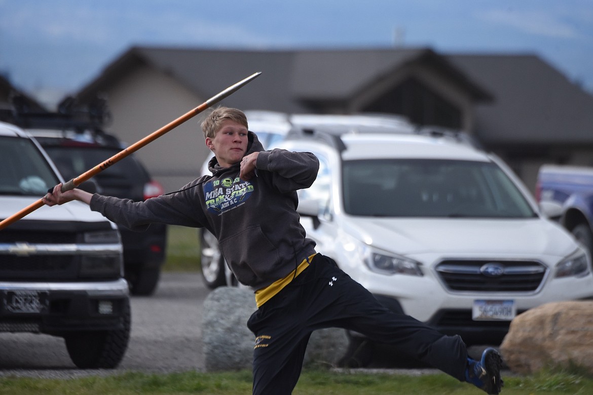 Libby's Tristan Andersen competes in the javelin at the Lincoln County Track and Field Meet Tuesday, April 30, 2024, in Eureka. (Scott Shindledecker/The Western News)