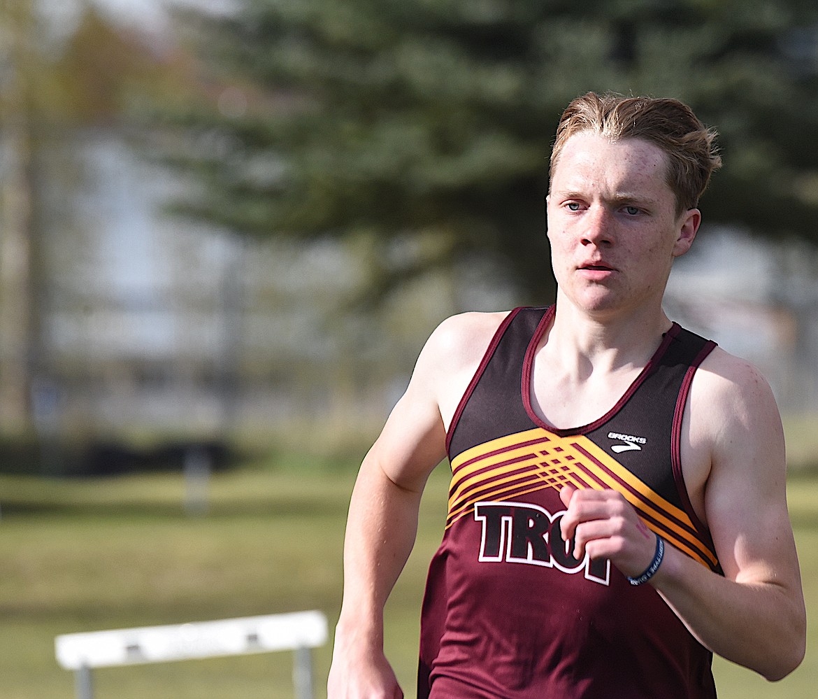 Troy's Nolan Morris competes in the 800-meter run at the Lincoln County Track and Field Meet Tuesday, April 30, 2024, in Eureka. (Scott Shindledecker/The Western News)