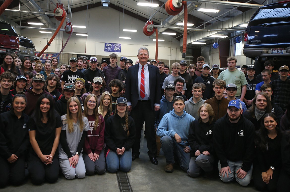 Idaho Gov. Brad Little, center, is surrounded by Kootenai Technical Education Campus students Wednesday after sharing details from the now-adjourned 2024 legislative session. Little's plans for education include supporting high school graduates going into in-demand fields and investing in school facilities.