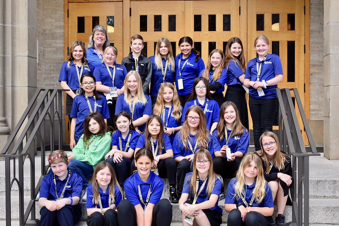 The Skyway Elementary Special Chorus took first place in the vocal large ensembles category at the Lionel Hampton Jazz Festival, held April 17-20 at the University of Idaho in Moscow. Front row, from left: Henry Bowen, Avery Burt, Phoebe Leggat, Hattie Ortiz, Summer Jensen and Ruthie Ortiz. Second row, from left: Lucy Hembrook, Jayden Morgan, Penny Chinchillas, Telise Lalanne and Zsofia Mullet. Third row, from left: Emily Meuth, McKinley Turner, Jocelyn Moore and Lyla Maestas. Back row, from left: Stephanie Mitchell, Liz Thurgood, Adlee Krupp, Jack Lommasson, Ashlie Guy, Brynn Chavolla, Avery Krahn, Jordan Easter and Denali Nelson.