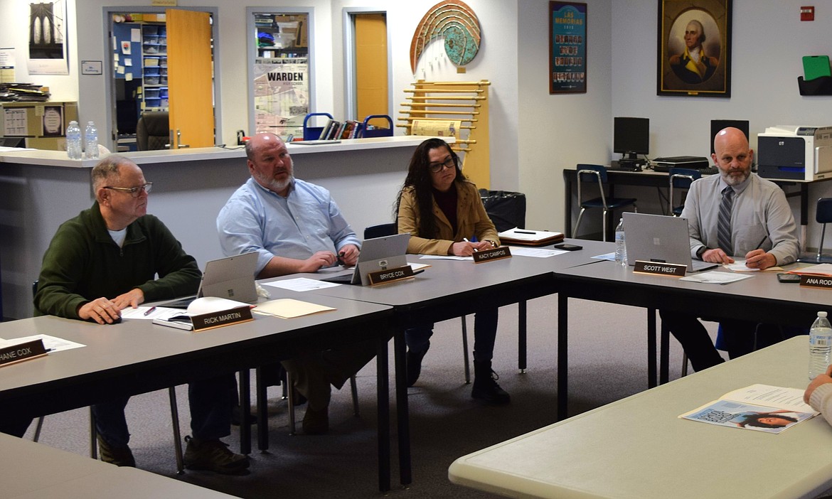 Warden School Board members Shane Cox, not pictured, and, from left to right, Rick Martin, Bryce Cox, Kacy Campos and Warden Superintendent Scott West interview a prior potential candidate for the board position 2, which is now filled by Tiffany Hymas.