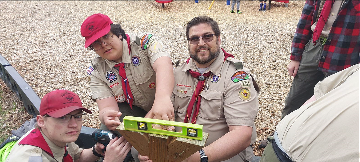 David Schubert took on a project to build and installed four mini-library book boxes in parks throughout Rathdrum in order to earn the rank of Eagle Scout.
Left to right: Kenny Axelund, David Schubert and his father, Daniel Osburn.
