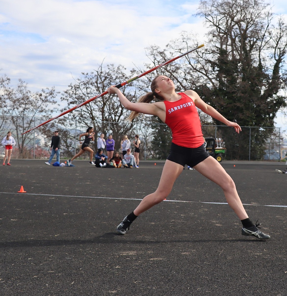 Sandpoint's Alex David fires a javelin at a meet earlier this season. David threw a new personal best mark of 110 feet and six inches at the District 1 Meet of Champions on Thursday, over eight feet further than her previous best.