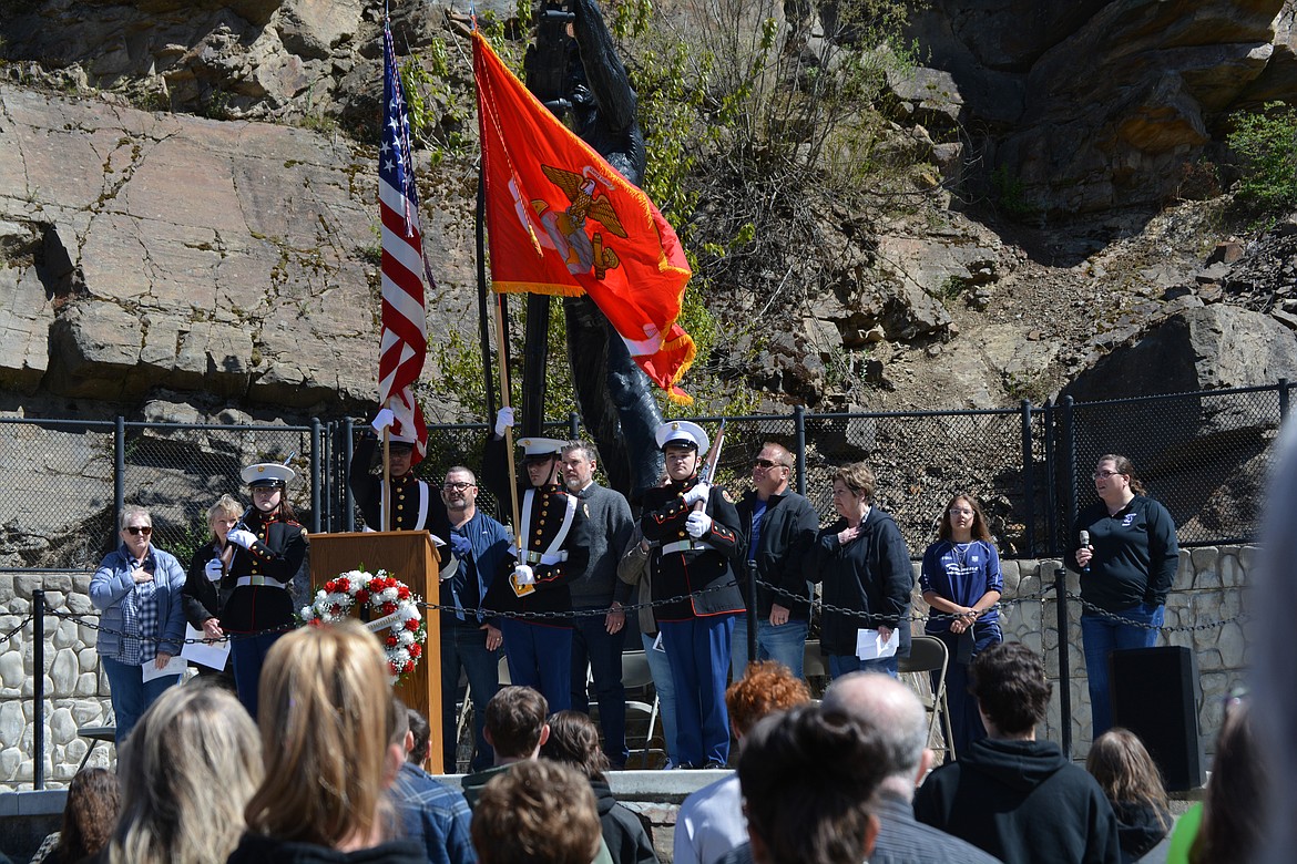 Kellogg students in JROTC served as a color guard for the Sunshine Mine Fire Memorial Thursday. 
Left to right: Cadet Sergeant Tessa Hodgman-Richter, Cadet Staff Sergeant Josh Salvador, Cadet Corporal Mattix Harris and Cadet Lance Corporal Braiden Milan.